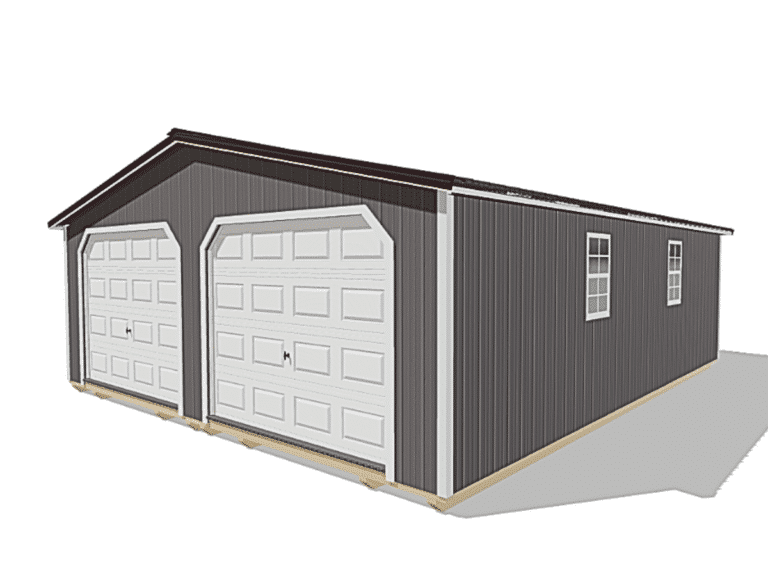 3D rendering of gray 24x28 Modular Two Car Garage - gray siding with two white overhead doors and two white-framed side windows