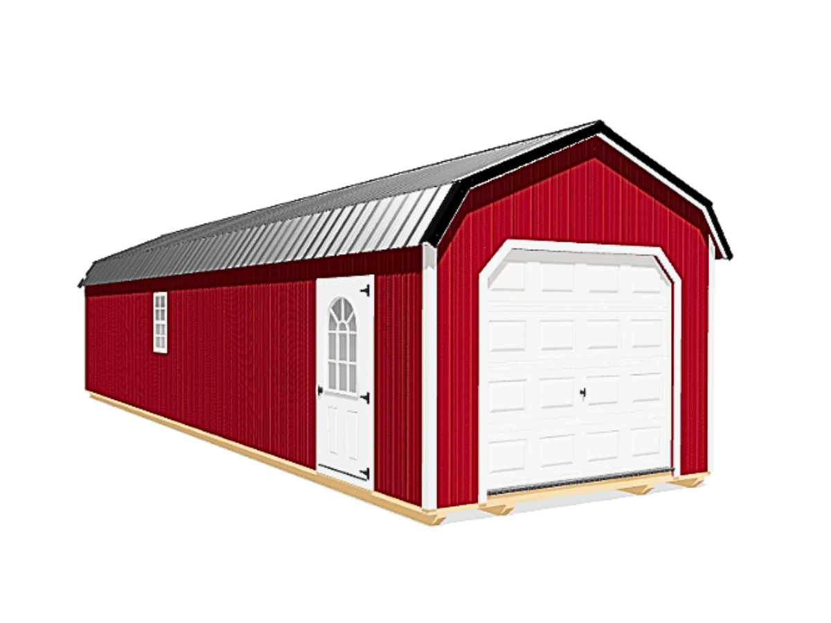 3d rendering of our 14x44 garages for sale - red with white overhead and side doors side window