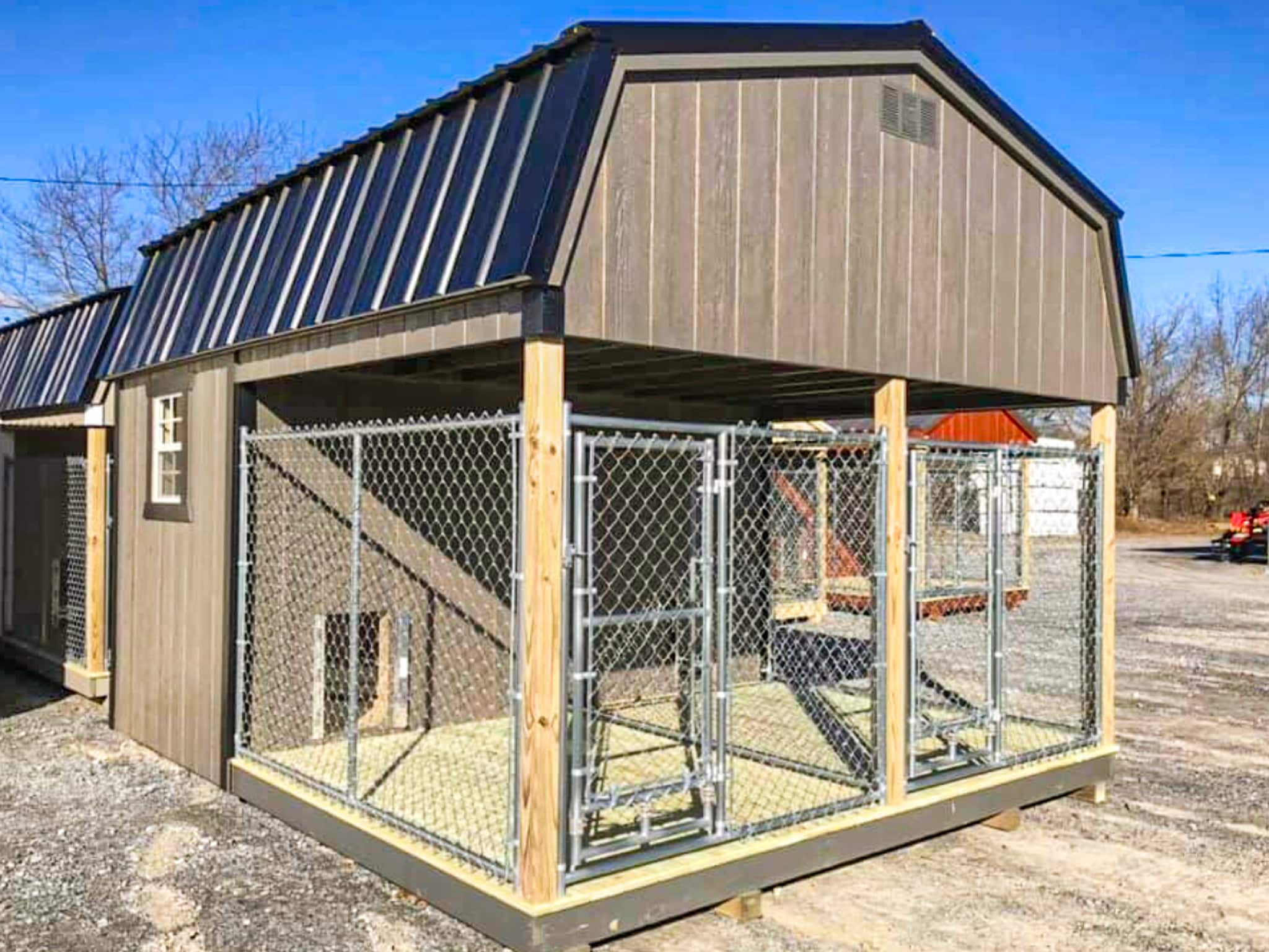 Dual dog kennels for sale in Roanoke VA - Brown wood siding with black metal roof wooden floor and aluminum fence