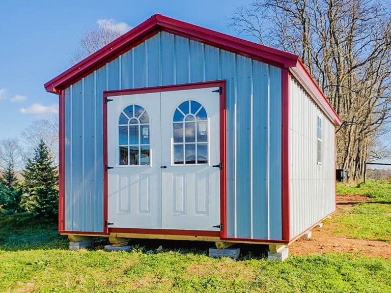 Red-Trimmed Affordable Metal Storage Shed with Double Doors