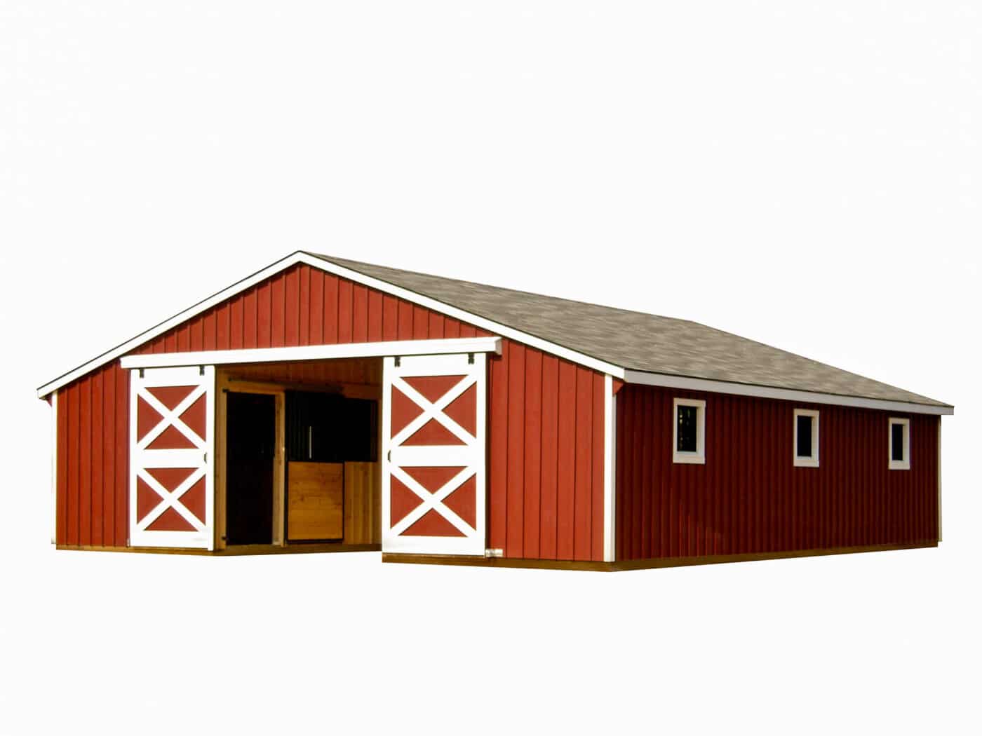 A 3D-rendered design of a red pole barn with white trim, a gray metal roof, and multiple stall doors. The central entrance features a large sliding door with an X-brace design, flanked by smaller stall openings for horses.