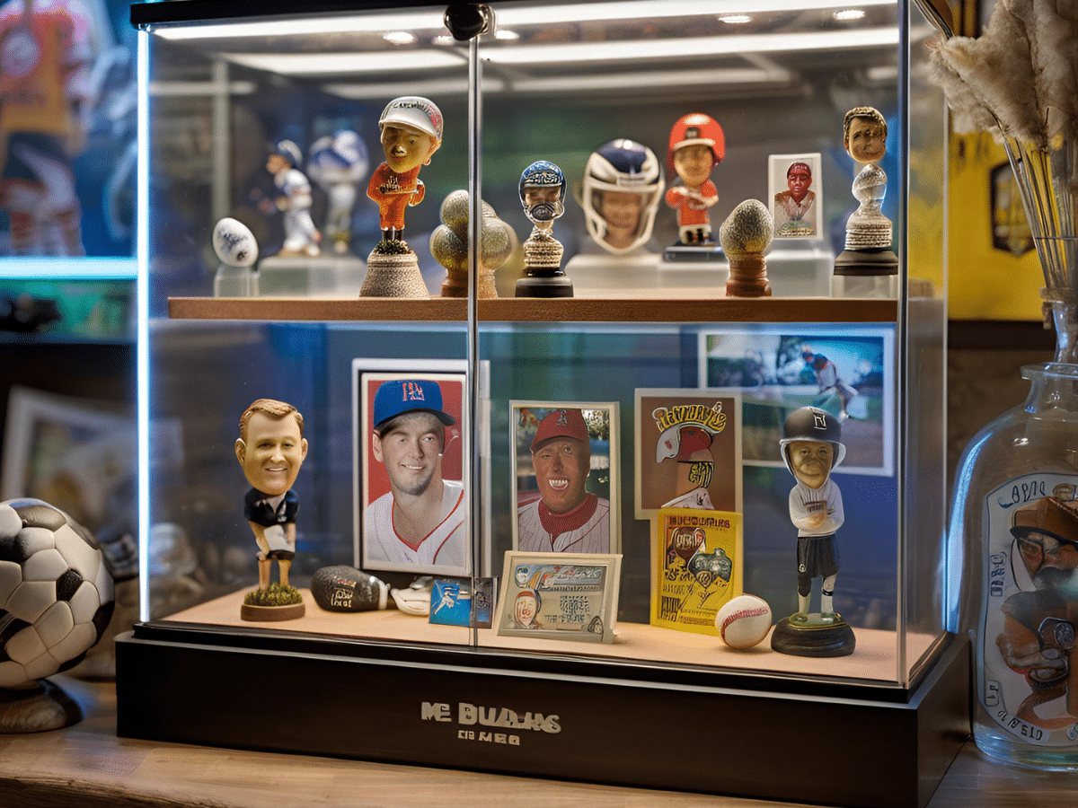 collectors man cave with a sports glass display in it