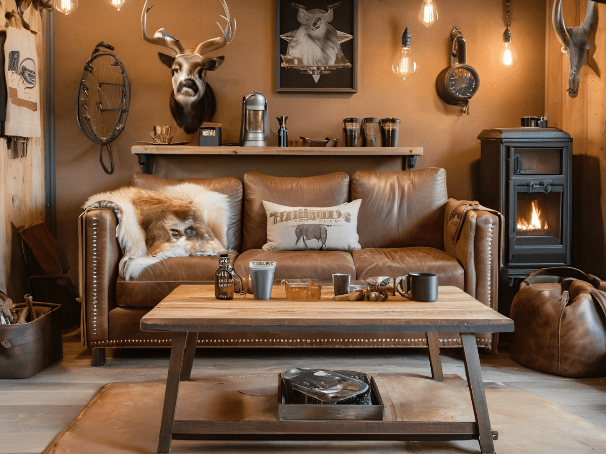 rustic man cave ideas, leather couch, coffee table, animal mounts in a man cave shed