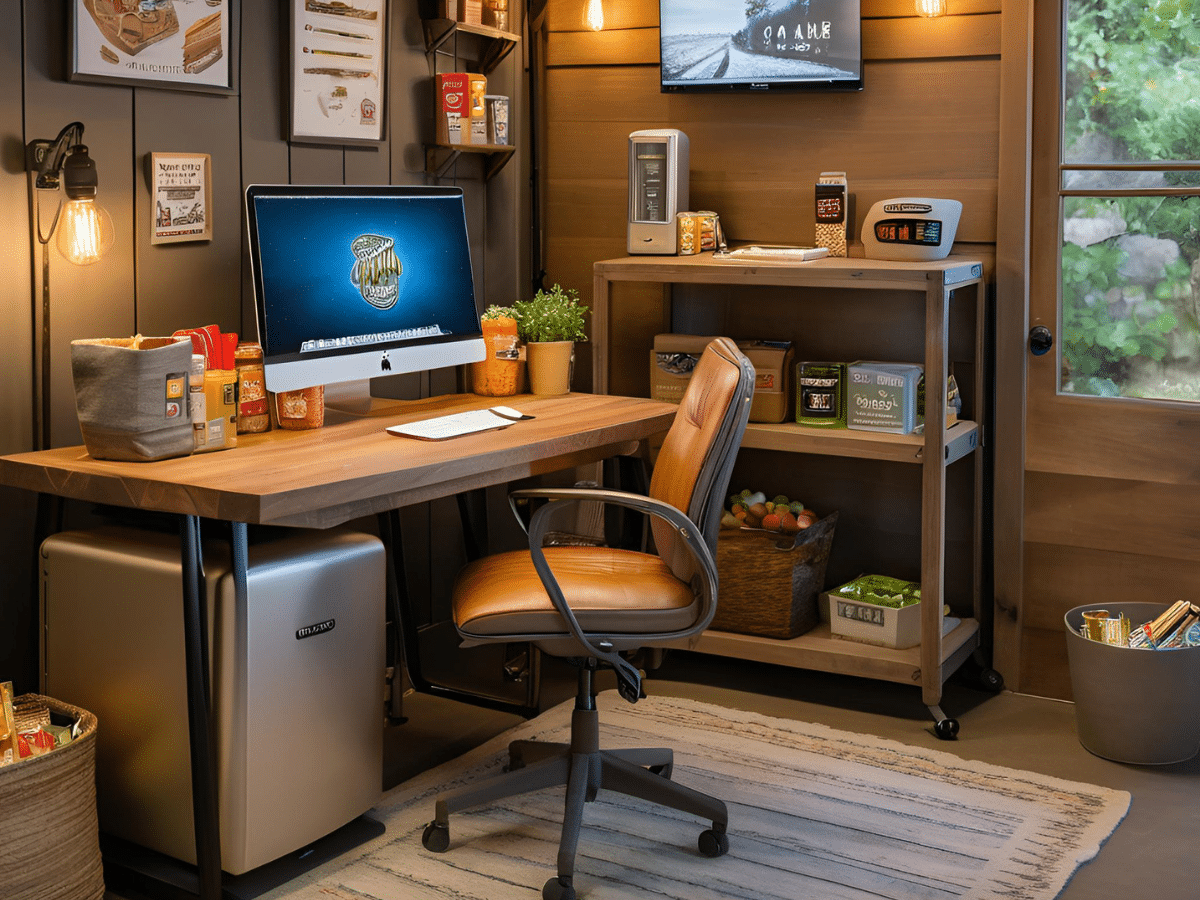 office shed mancave with an apple computer, desk, mini fridge, and window