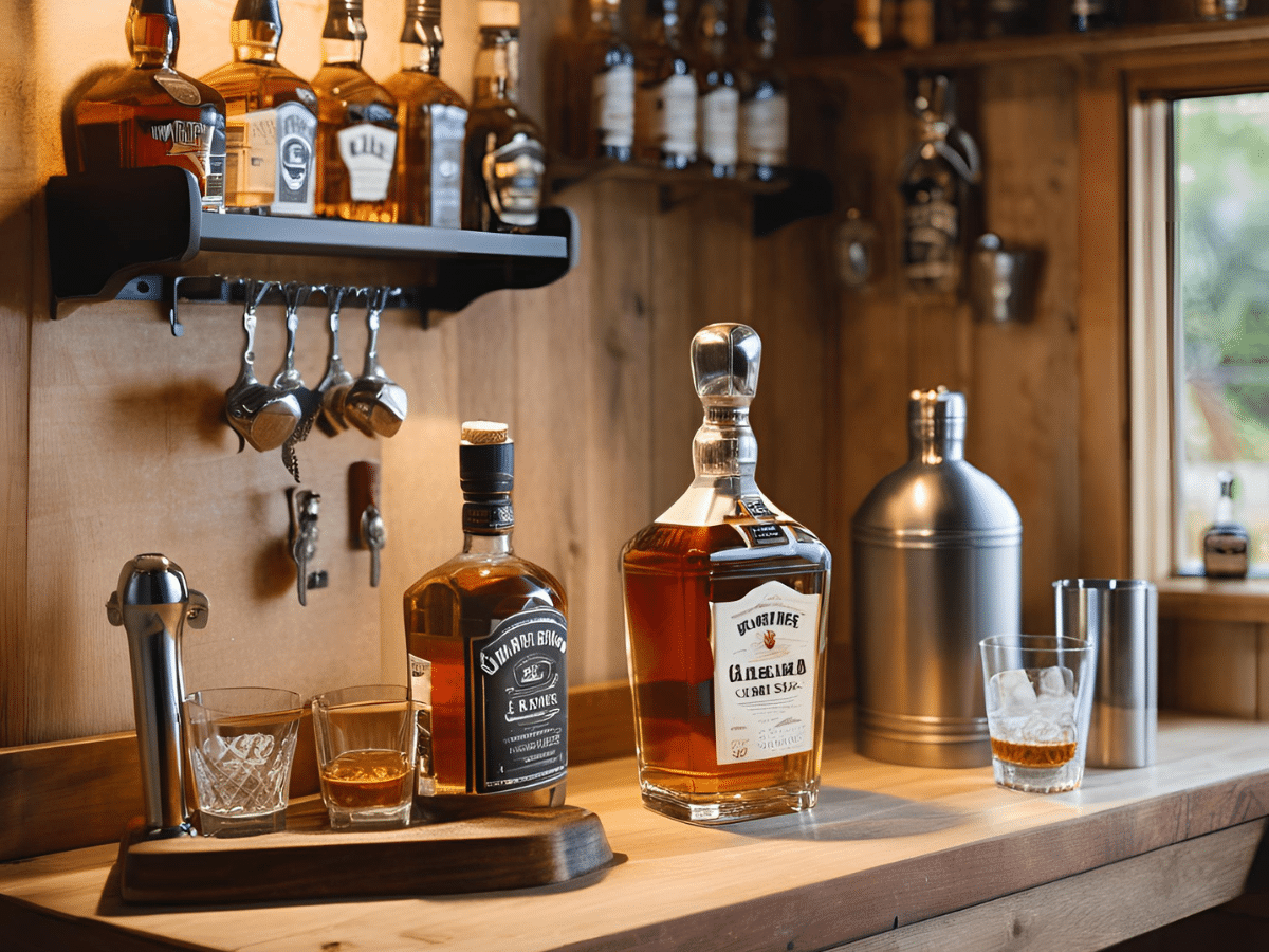 bar shed with drinks sitting on the bar in a man cave shed, and a shed window next to it