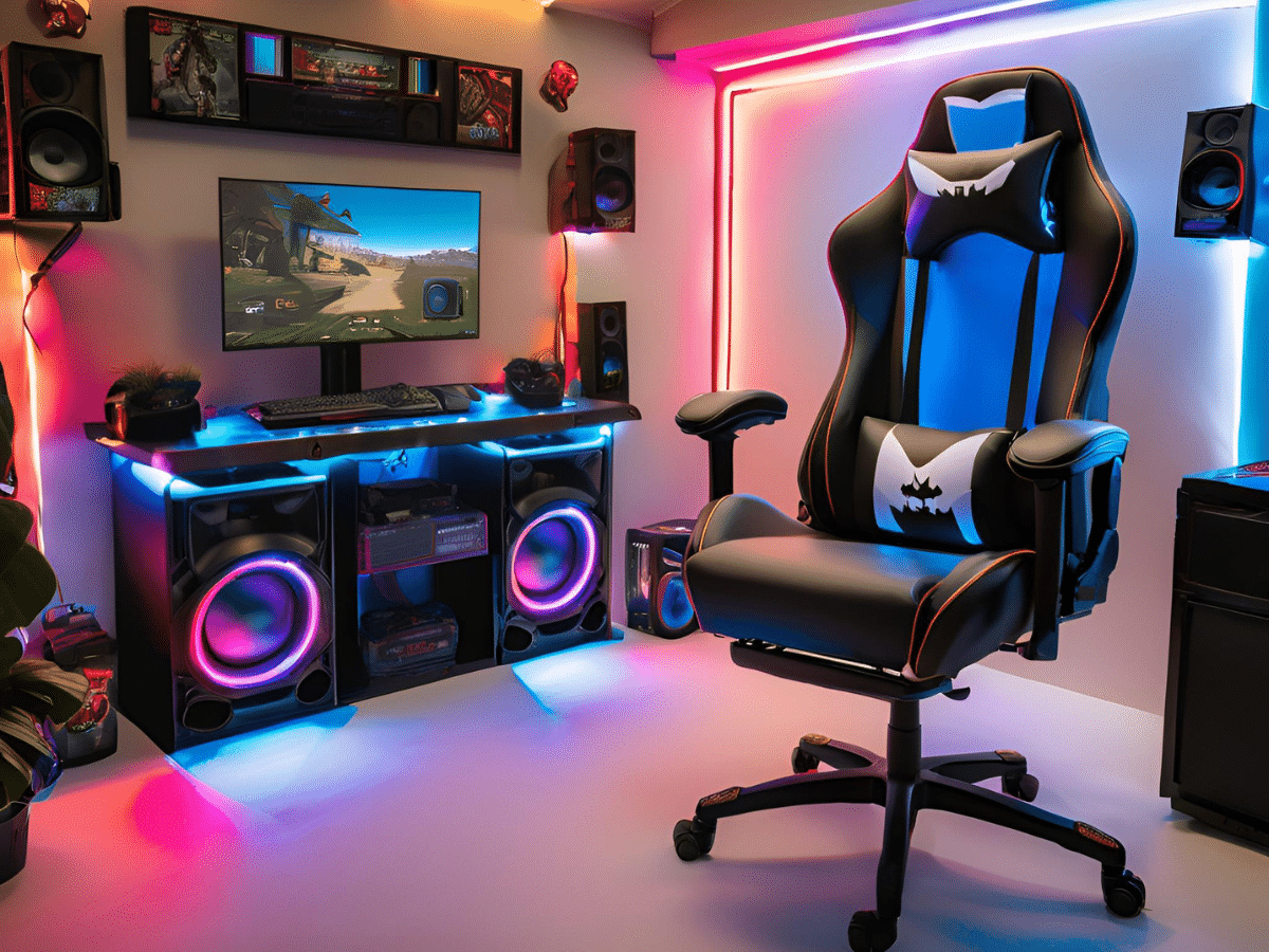 gaming mancave shed with a gaming console, a desk chair and surround sound speakers