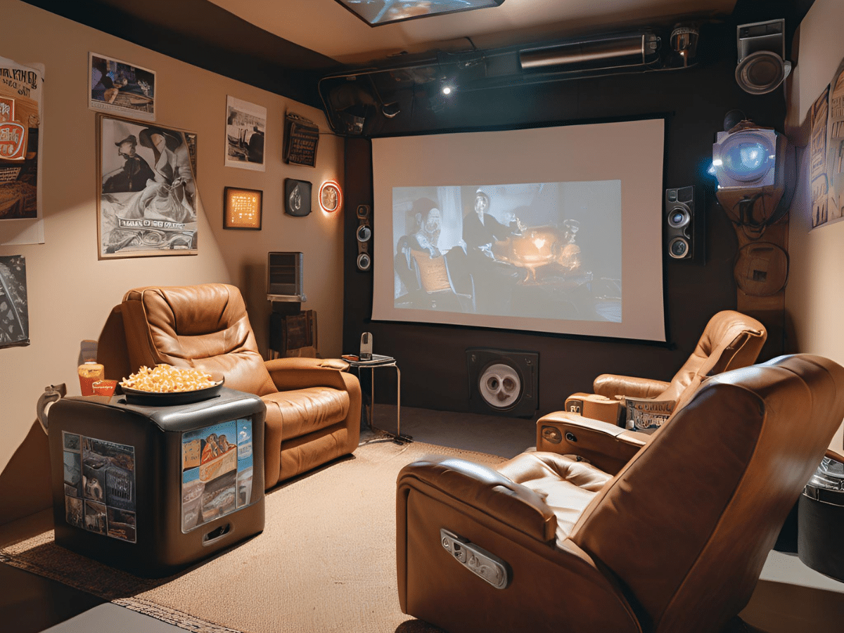 cinematic man cave shed with leather reclining seating and a screen and a projector