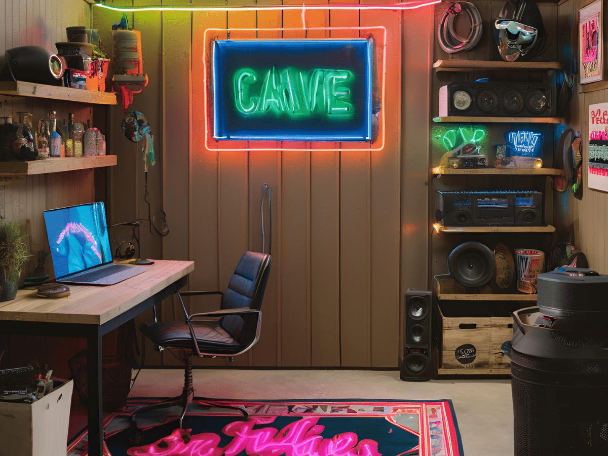 personalized man cave with neon light, desk, and area rug