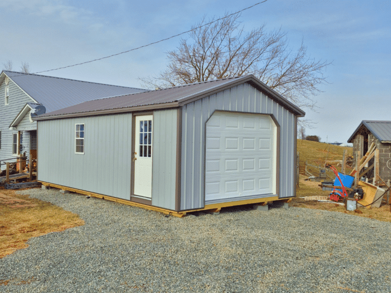 gray a-frame garage delivered to fancy gap va by premier building solutions