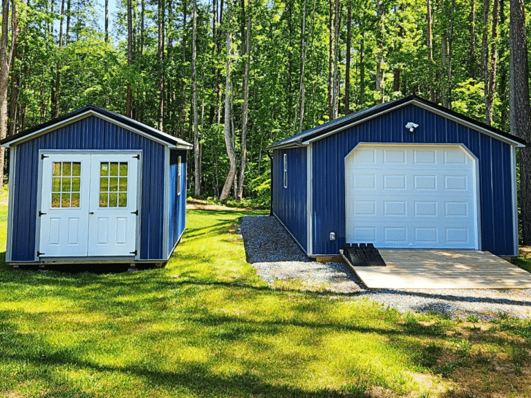 blue a-frame shed with white double doors in a green yard