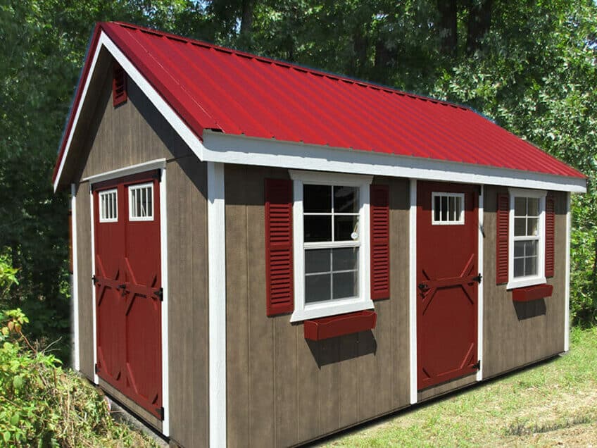 backyard shed with red trim ready for delivery
