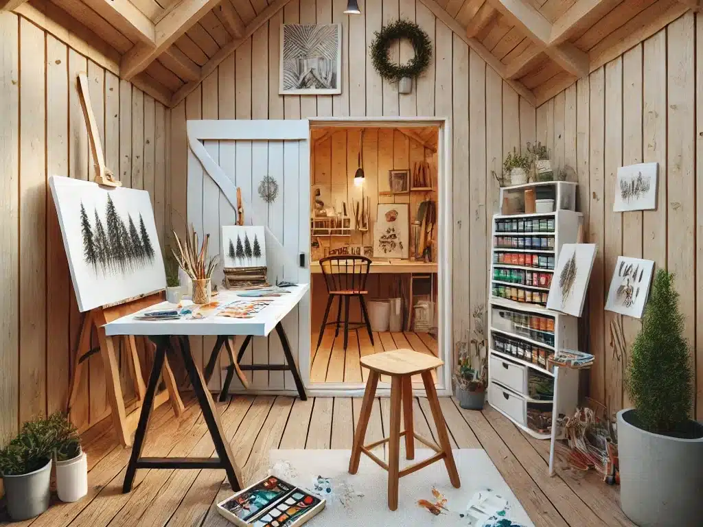 mini art studio inside a repurposed shed makeover edited