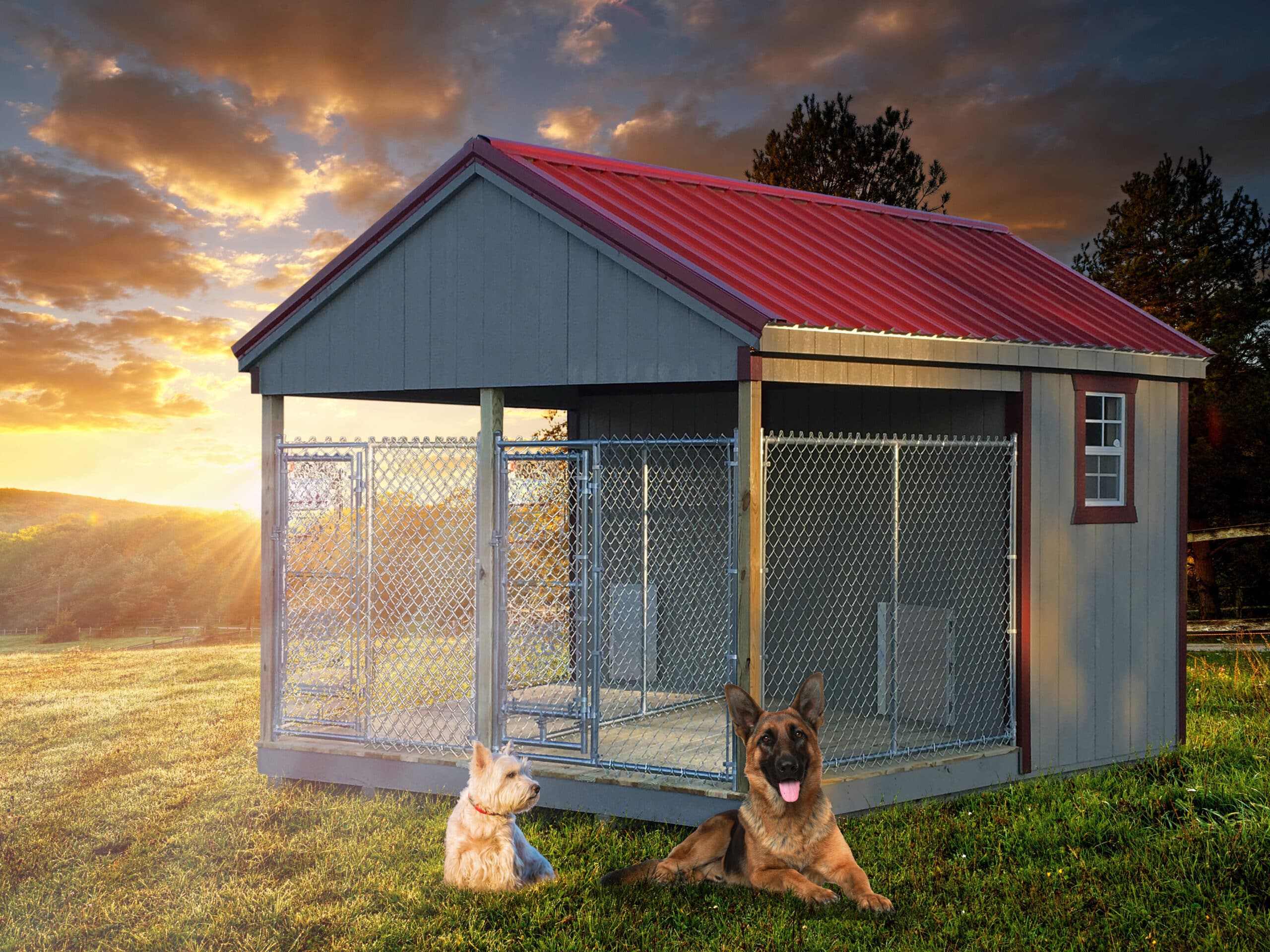 picturesque landscape, fenced ranch at sunrise outdoor dog kennels