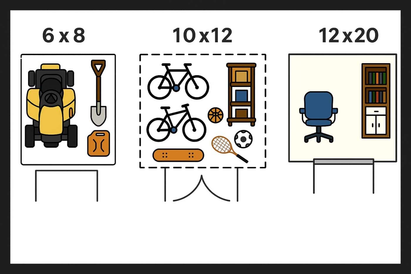 Diagram comparing interior layouts of 6x8, 10x12, and 12x20 sheds, each showing how different items like lawn tools, bikes, and office furniture can fit in the space.