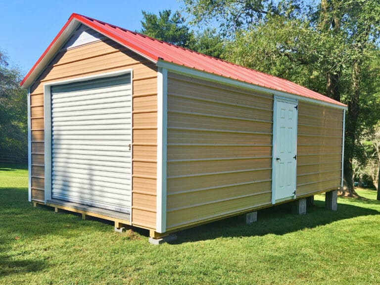 tan and red Metal  A-Frame Shed