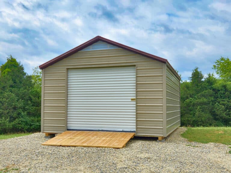 tan economy shed for sale with a white roll up door